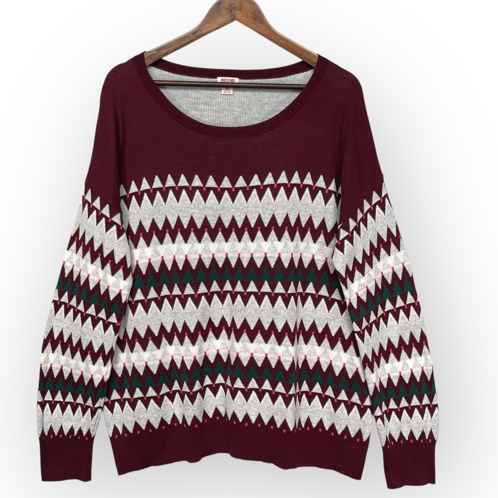 Mossimo Supply Co Womens XXL Burgundy Geometric Zig Zag Cotton Pullover Sweater